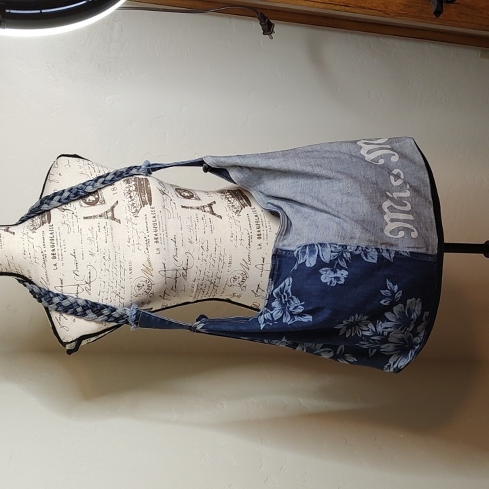 Miss Me Denim Jean Tote Bag With Braded Strap Zipper Closer Floral